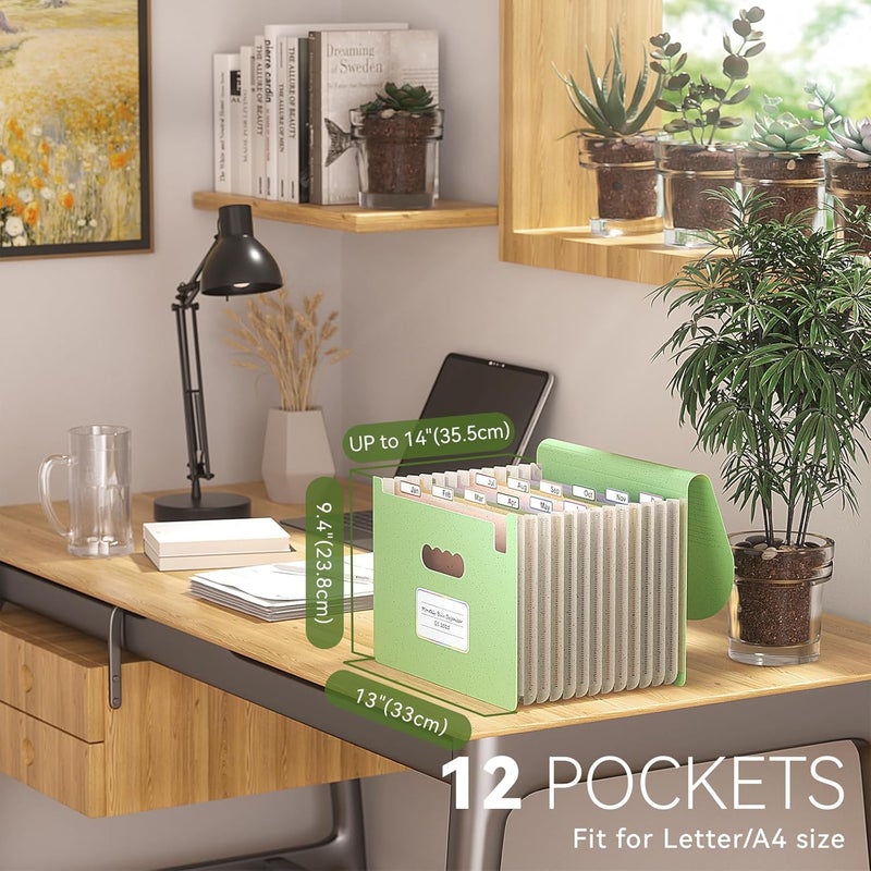 EcoStash Accordion File Organizer, 13 Pockets Wheat Straw Expanding File Folder, Portable Monthly Paper Bill Tax Receipt Organizer, Letter A4 Size Document Holder with Colorful Tab - Grass Green - Image 2